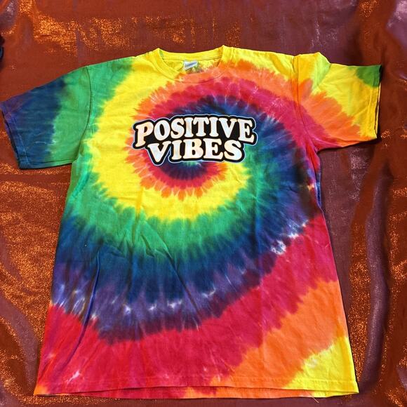 "Port & Company Tie-Dye T-Shirt Positive Vibes Smiley Face Bone Cancer Ribbon” - Picture 2 of 4